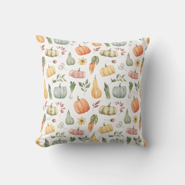 Watercolor Autumn Harvest Pattern Throw Pillow (Front)