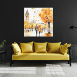 Watercolor Autumn in the City Canvas Print<br><div class="desc">Wrapped canvas wall art featuring a watercolor illustration of a couple walking in a city landscape on an Autumn / Fall day and a tree with falling leaves in the forefront.  Shown in 12x12.   Additional sizes and styles available,  image may need to be altered to fit desired size.</div>