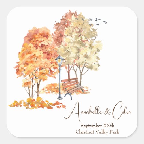 Watercolor Autumn in the Park Wedding Square Sticker