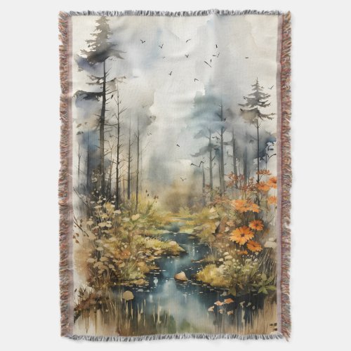 Watercolor Autumn Landscape Throw Blanket