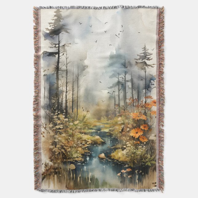 Watercolor Autumn Landscape Throw Blanket (Front Vertical)
