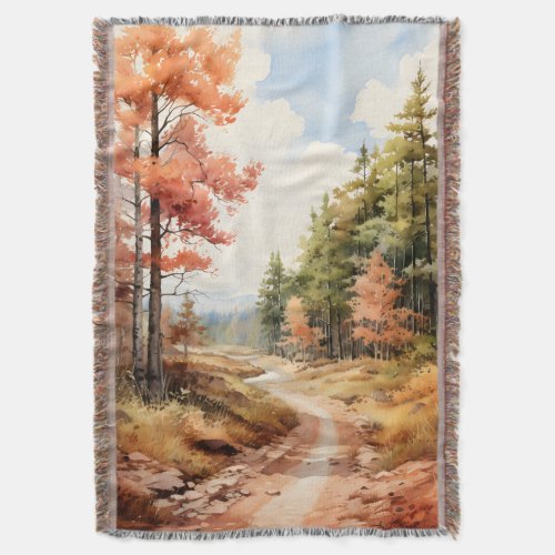 Watercolor Autumn Landscape Throw Blanket