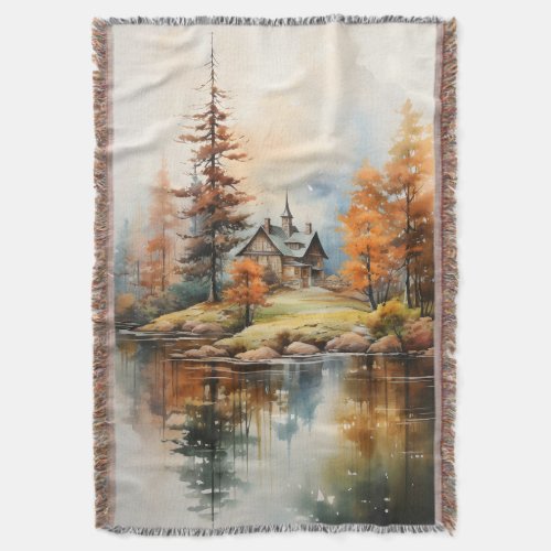 Watercolor Autumn Landscape Throw Blanket