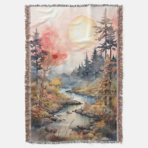 Watercolor Autumn Landscape Throw Blanket