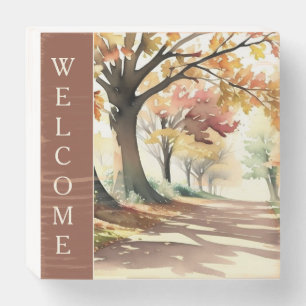 Watercolor Autumn Landscape Welcome Wooden Box Sign