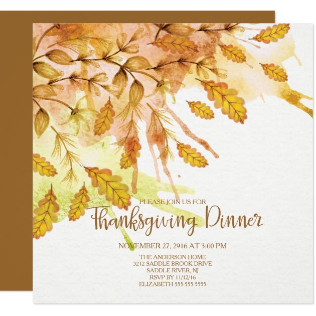 Watercolor Autumn Leave Thanksgiving Dinner Card
