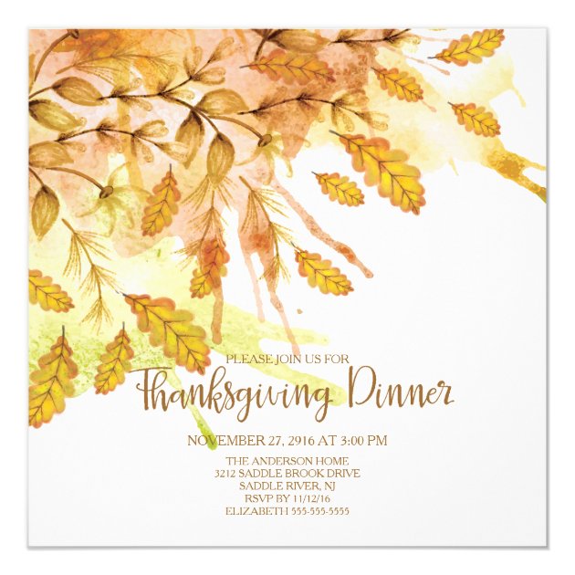 Watercolor Autumn Leave Thanksgiving Dinner Card
