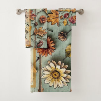 Watercolor Autumn Leaves and Wood Rustic Fall Art Bath Towel Set