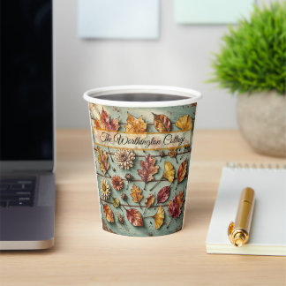 Watercolor Autumn Leaves and Wood Rustic Fall Art Paper Cups