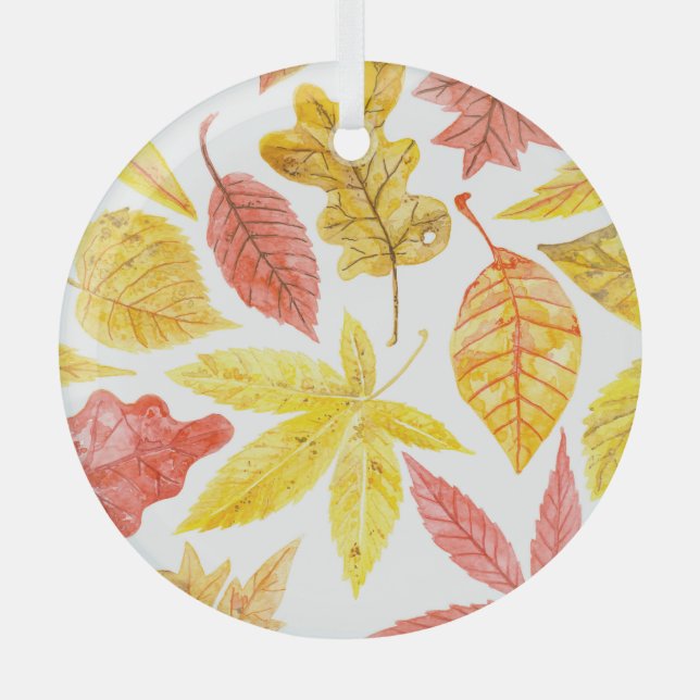 Watercolor autumn leaves, colorful pattern. glass ornament (Front)