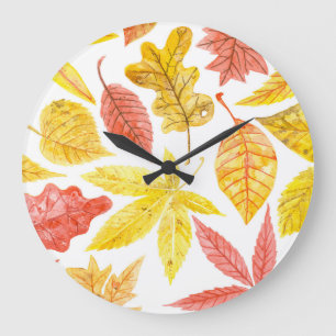 Watercolor autumn leaves, colorful pattern. large clock