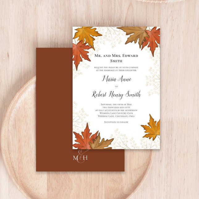 Watercolor Autumn Leaves Elegant Wedding  Invitation (Fall autumn watercolor leaves. )