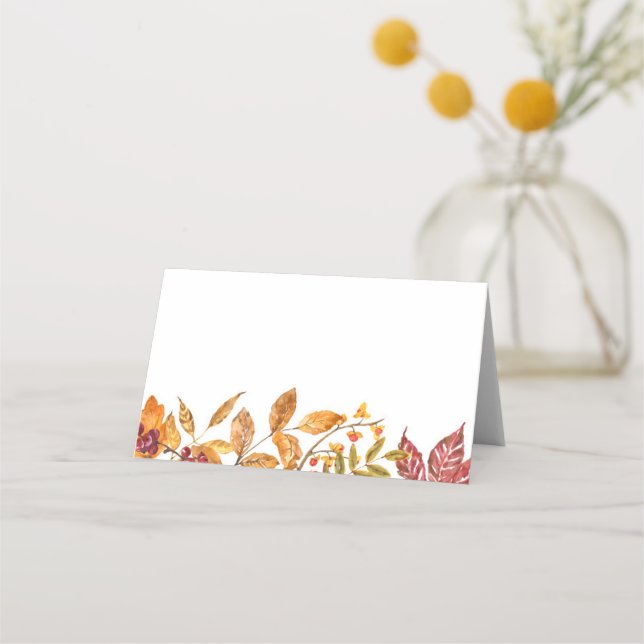Watercolor Autumn Leaves Fall Wedding Seating Place Card (Front)