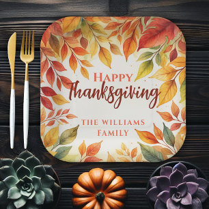 Watercolor Autumn Leaves Family Thanksgiving Paper Plates