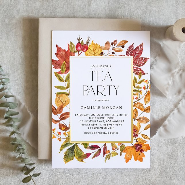 Watercolor Autumn Leaves Frame Bridal Tea Party Foil Invitation (Customizable fall bridal tea party invite featuring watercolor autumn foliage and gold foil frame)