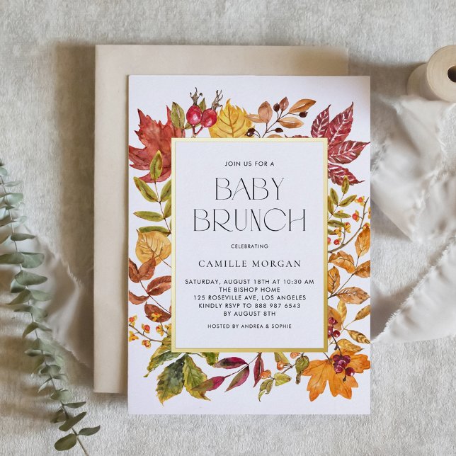 Watercolor Autumn Leaves Frame Fall Baby Brunch Foil Invitation (Customizable Autumn Gold Foil Baby Brunch Invitation with Watercolor Foliage Frame)