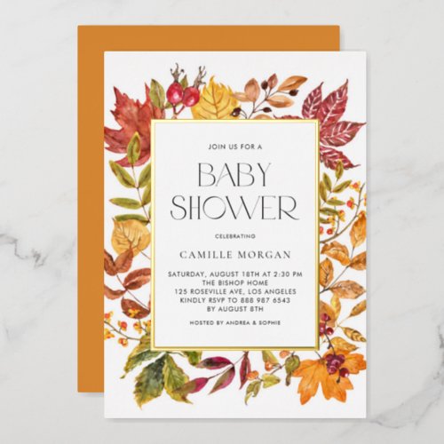 Watercolor Autumn Leaves Frame Fall Baby Shower Foil Invitation