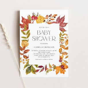 Watercolor Autumn Leaves Frame Fall Baby Shower Invitation