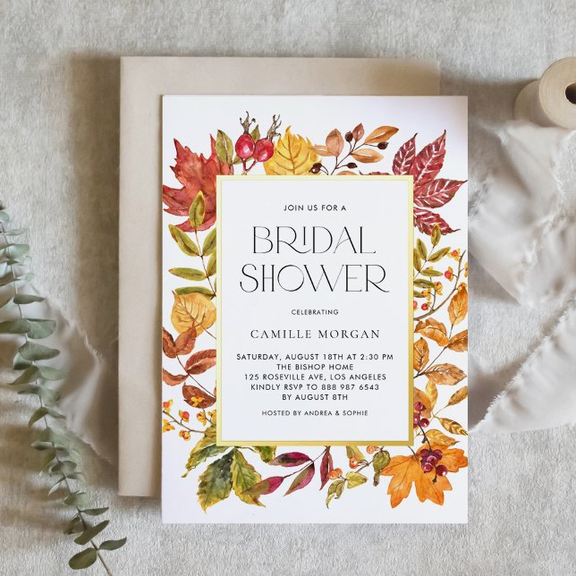 Watercolor Autumn Leaves Frame Fall Bridal Shower Foil Invitation (Customizable Gold Foil Autumn Bridal Shower Invitation with Watercolor Foliage Frame)