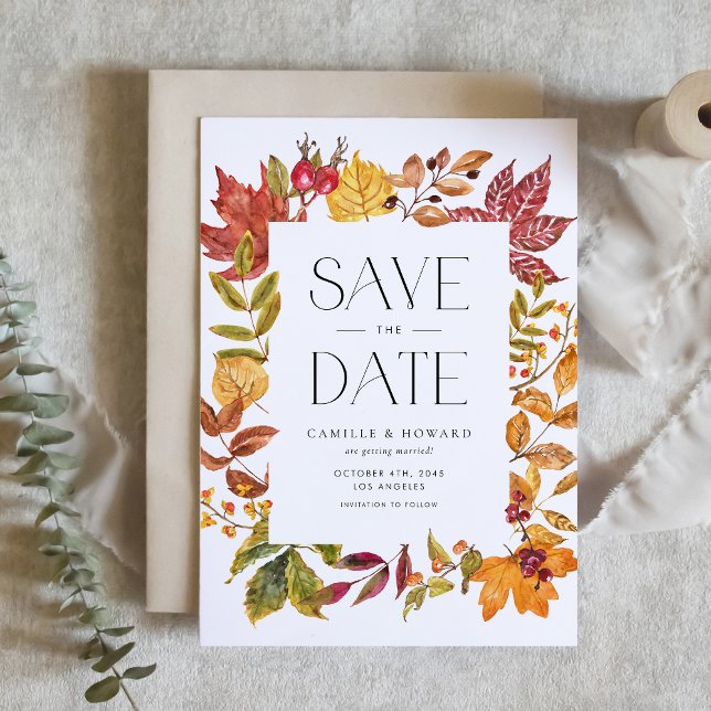 Watercolor Autumn Leaves Frame Fall Save The Date (Customizable Fall Save the Date Announcement Card with Autumn Foliage Frame)