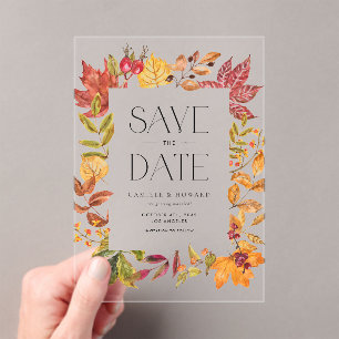 Watercolor Autumn Leaves Frame Fall Save the Date Acrylic Invitations