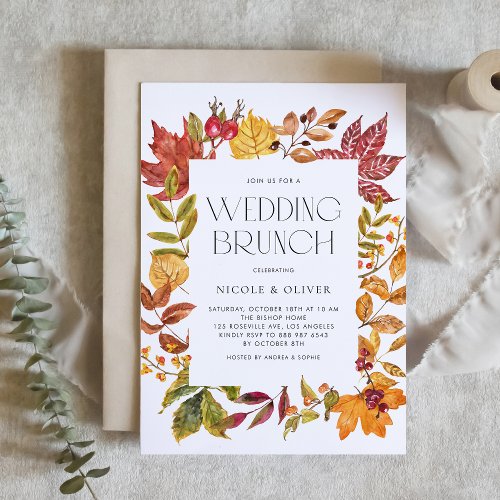 Watercolor Autumn Leaves Frame Fall Wedding Brunch Invitation