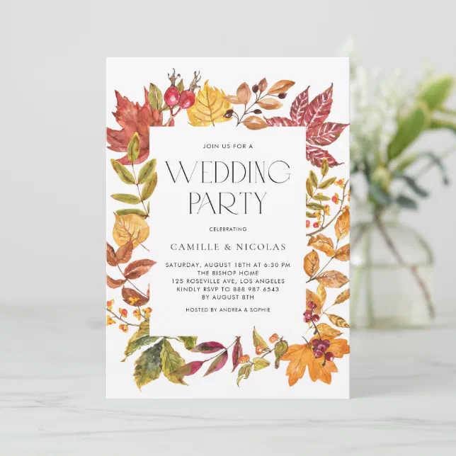 Watercolor Autumn Leaves Frame Fall Wedding Party Invitation | Zazzle