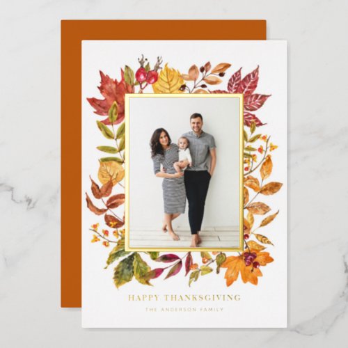 Watercolor Autumn Leaves Frame Happy Thanksgiving  Foil Holiday Card