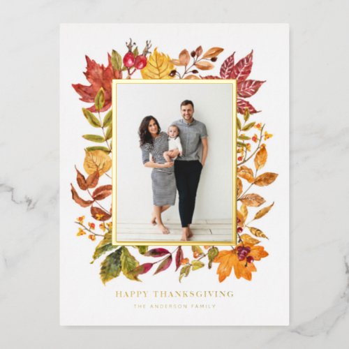 Watercolor Autumn Leaves Frame Happy Thanksgiving  Foil Holiday Postcard