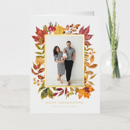 Watercolor Autumn Leaves Frame Thanksgiving Photo Foil Greeting Card