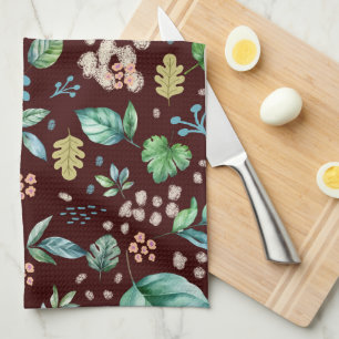 Watercolor Autumn Leaves on Burgundy Kitchen Towel