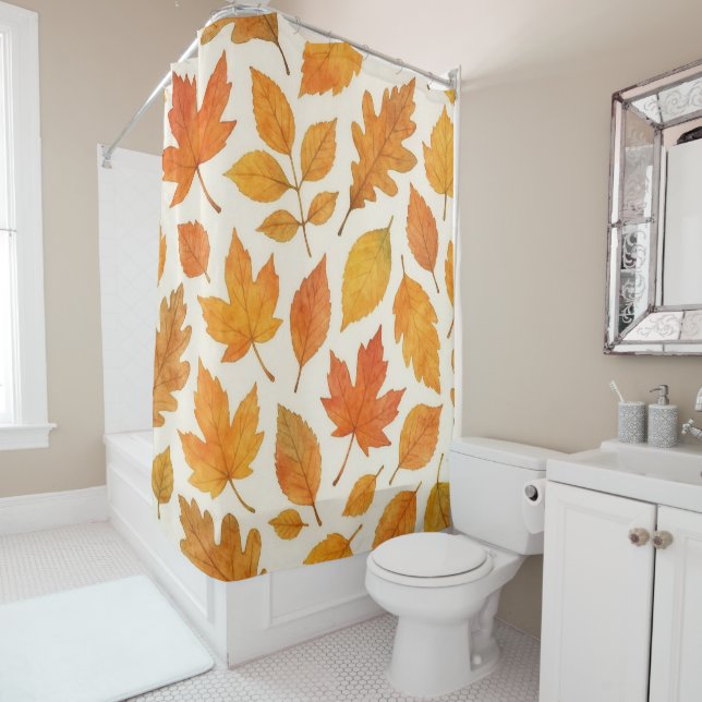Watercolor Autumn Leaves on White Fall Season  Shower Curtain (In Situ)