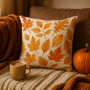 Watercolor Autumn Leaves on White Throw Pillow