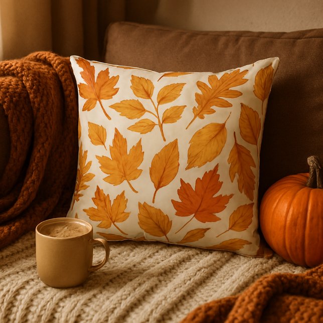 Watercolor Autumn Leaves on White Throw Pillow (Ai generated mockup with design direction by Susang6)