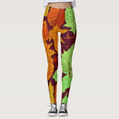 Watercolor autumn leaves pattern leggings