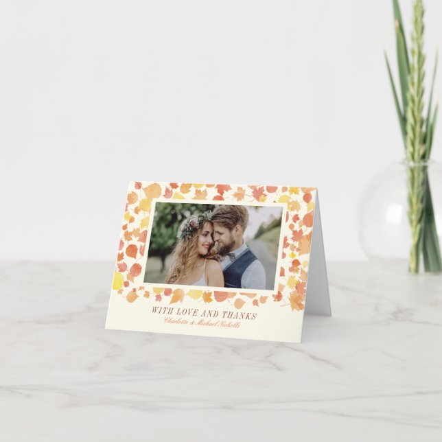 Watercolor Autumn Leaves Photo Thank You Card (Front)