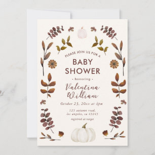 Watercolor Autumn Leaves Pumpkin Baby Shower Invitation