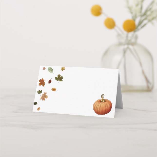 Watercolor Autumn Leaves Pumpkin Place Card (Front)