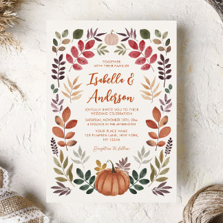 Watercolor Autumn Leaves Pumpkin Wedding Invitation