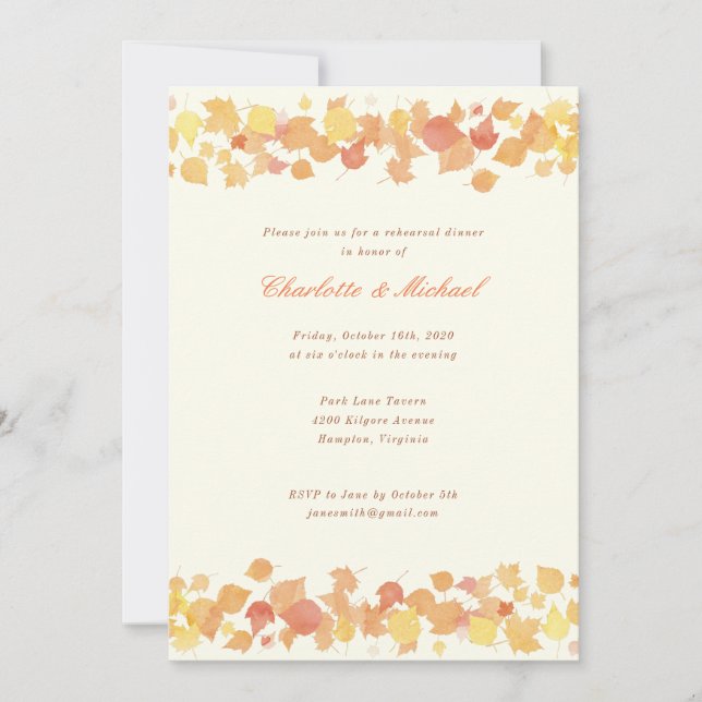 Watercolor Autumn Leaves Rehearsal Dinner Invite (Front)