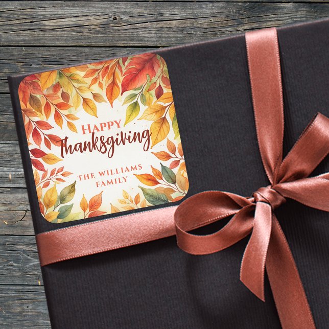 Watercolor Autumn Leaves Thanksgiving Favor Square Sticker (Creator Uploaded)