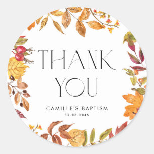 Watercolor Autumn Leaves Wreath Baptism Thank You Classic Round Sticker