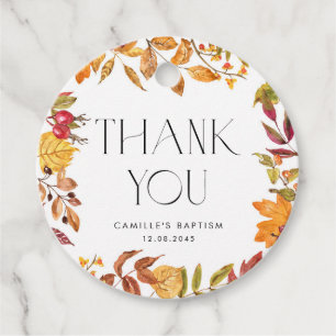 Watercolor Autumn Leaves Wreath Baptism Thank You Favor Tags