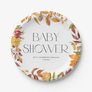 Watercolor Autumn Leaves Wreath Fall Baby Shower Paper Plates