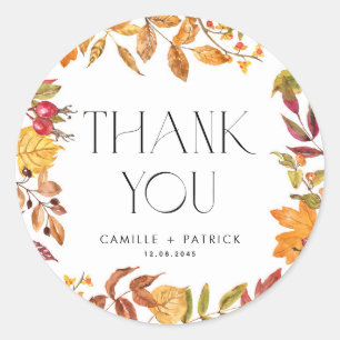 Watercolor Autumn Leaves Wreath Wedding Thank You Classic Round Sticker