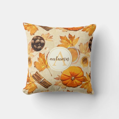 Watercolor Autumn Magic Vintage Scents Monogram Throw Pillow