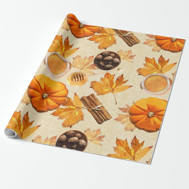 Watercolor Autumn Magic Vintage Scents Wrapping Paper (Unrolled)