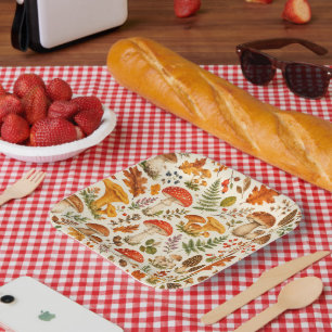 Watercolor Autumn Mushroom Pattern Paper Plates