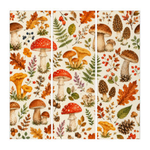 Watercolor Autumn Mushroom Pattern Triptych