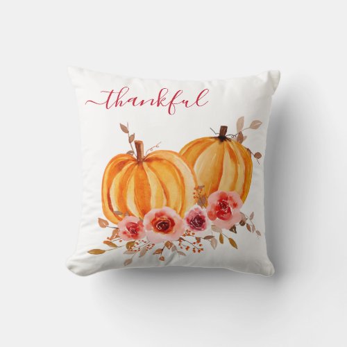 Watercolor Autumn Orange Pumpkin Thankful Throw Pillow